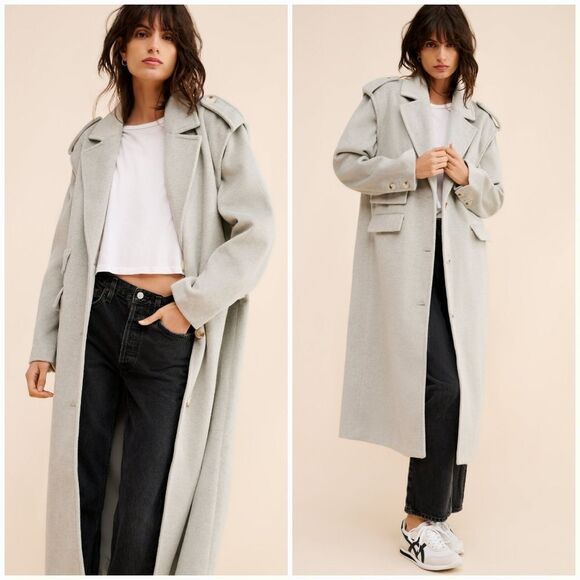 4th + Reckless Seana Boxy Long Line Oversize Menswear Inspired Trench Coat Tan M - Picture 1 of 12